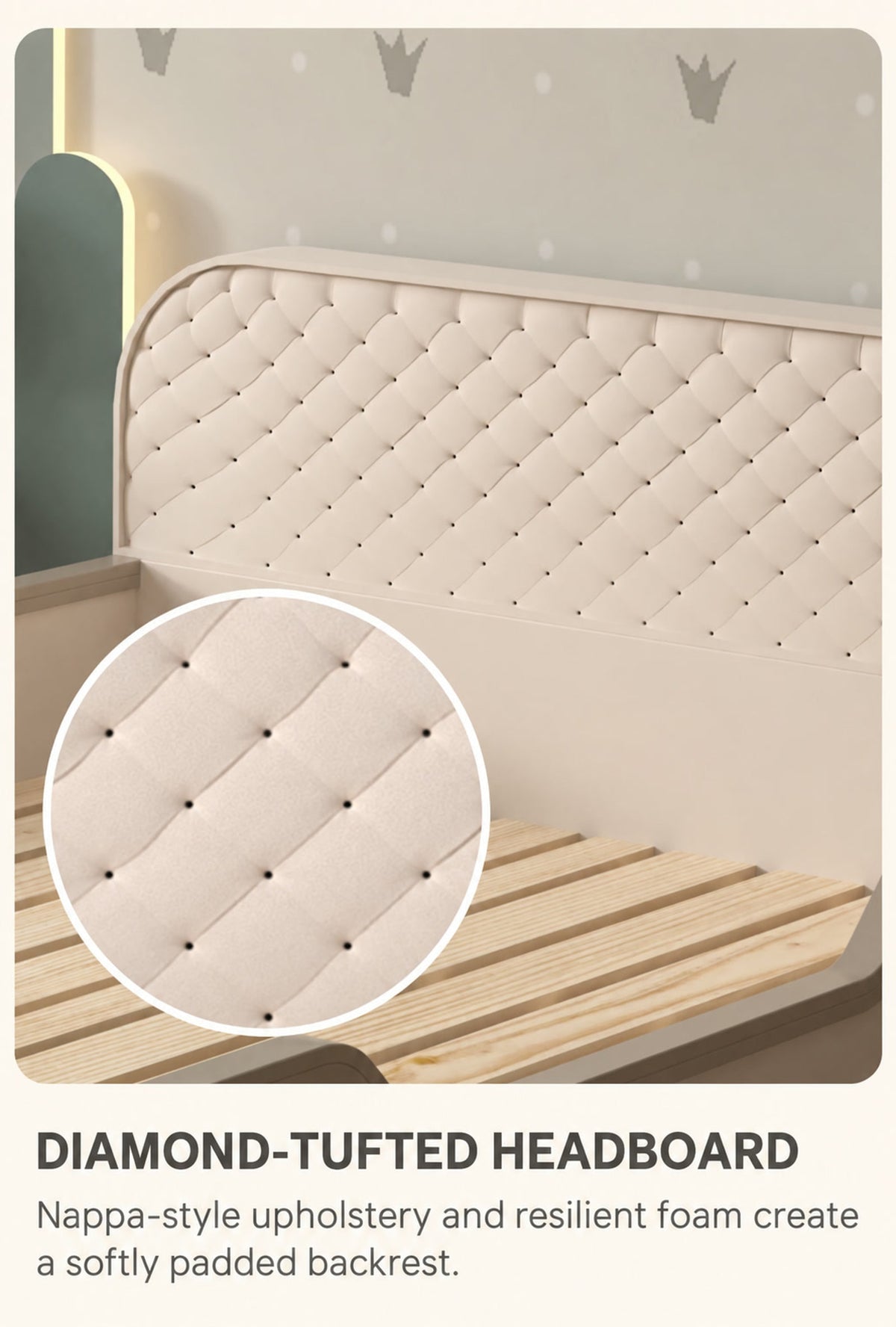  Diamond-tufted cream headboard with a close-up of the upholstered texture
