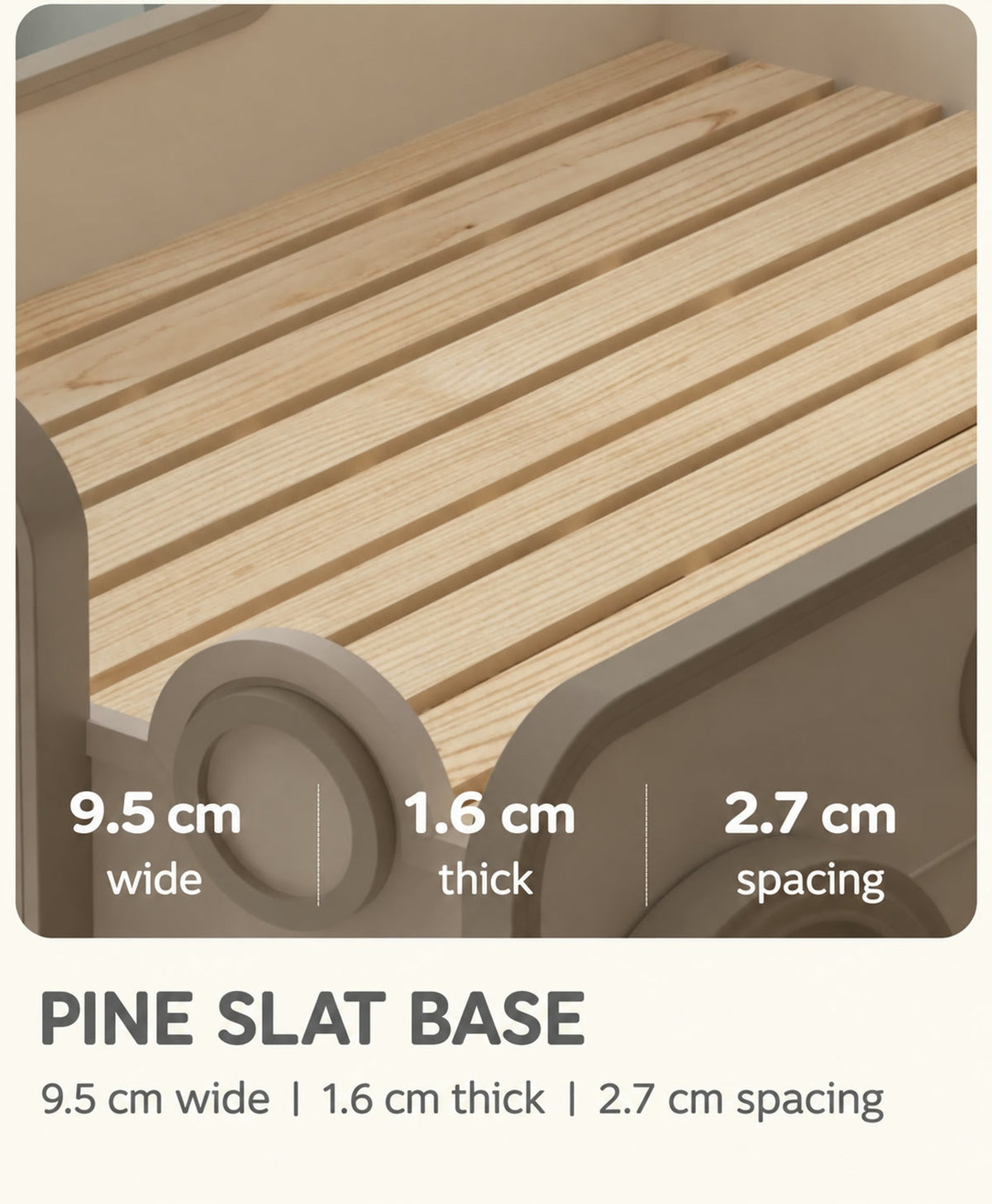  Pine slats measuring 9.5 cm wide and 1.6 cm thick with 2.7 cm spacing