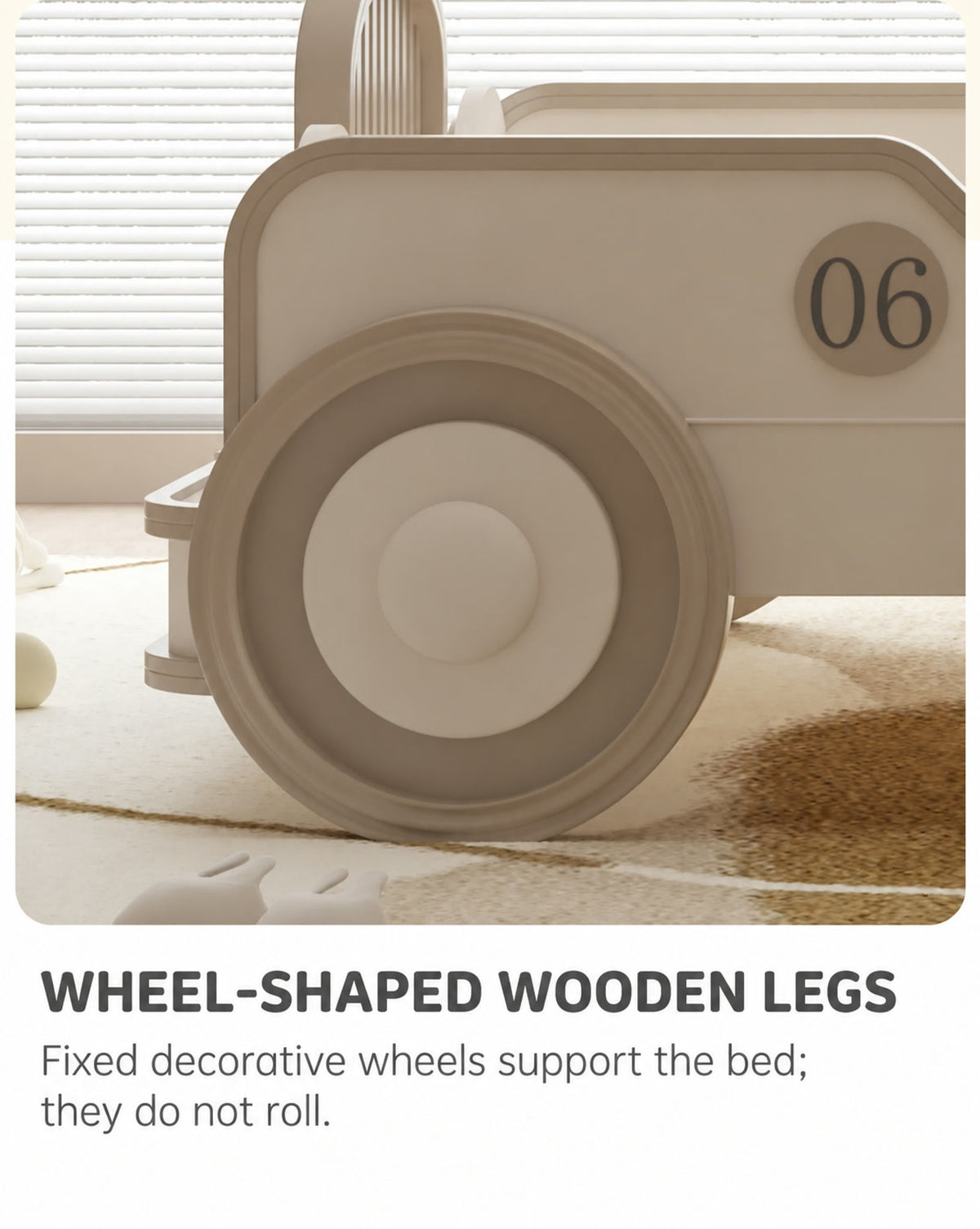  Fixed wheel-shaped wooden bed leg in cream and khaki