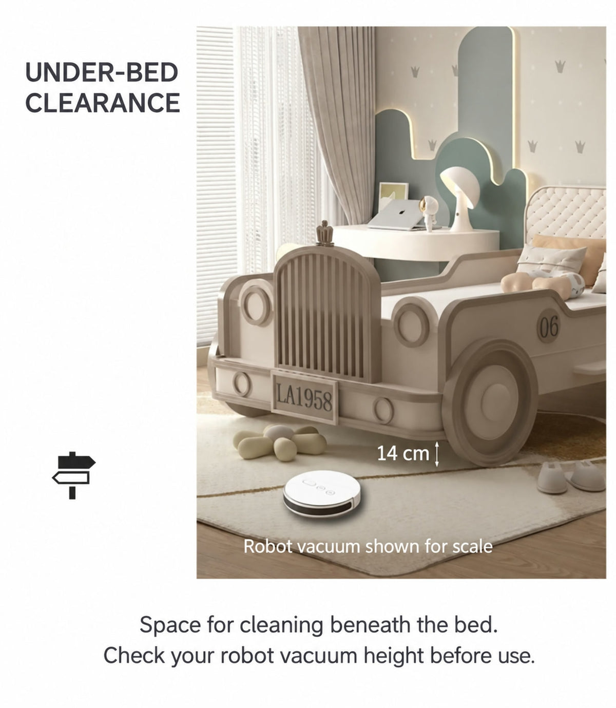  Car bed with 14 cm clearance and a robot vacuum shown for scale
