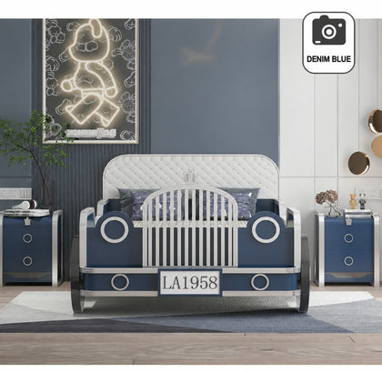  Denim blue car bed with contrasting light trim and two-drawer nightstands