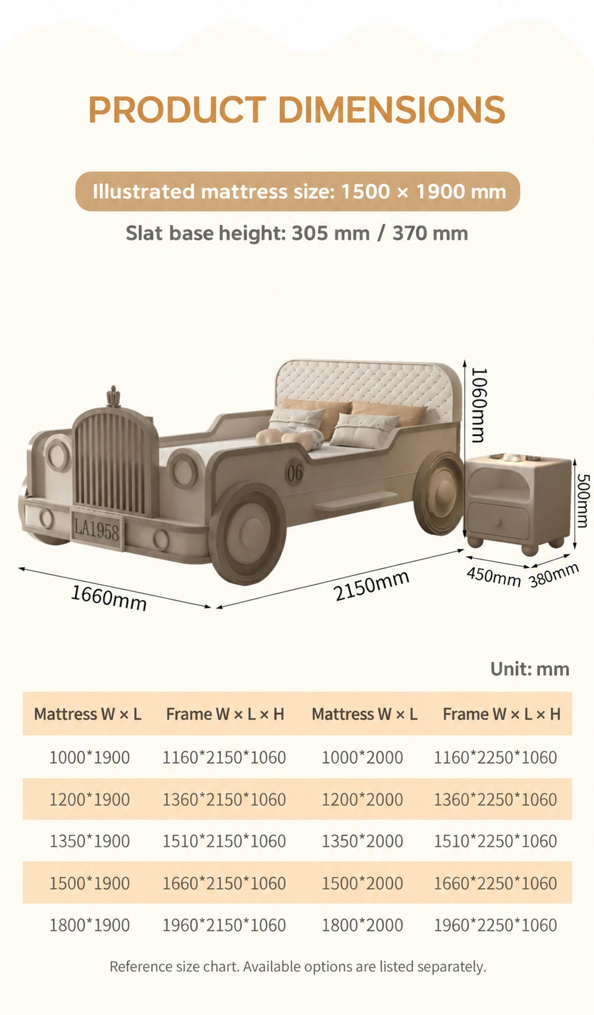  Car bed and nightstand dimension diagram with mattress and frame reference measurements