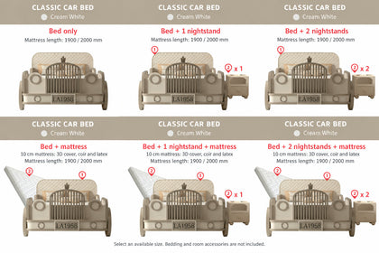  Six cream car bed configurations with optional nightstands and mattress