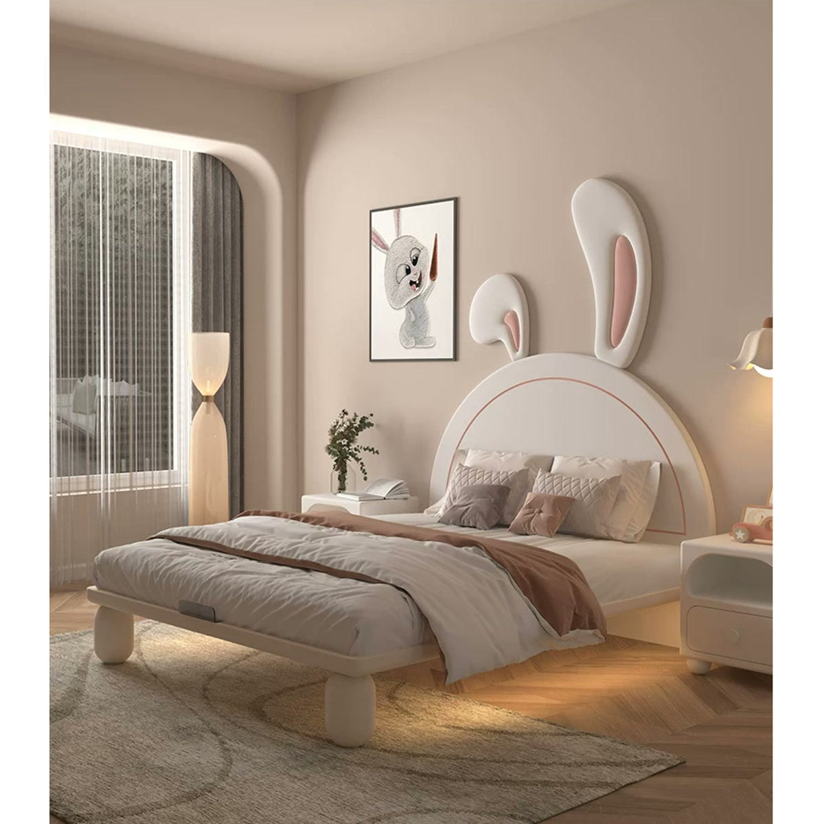 Cream bunny-ear bed with pink headboard accents and warm under-bed lighting