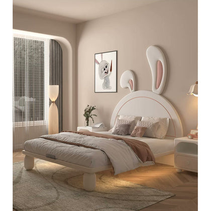  Cream bunny-ear bed with pink headboard accents and warm under-bed lighting