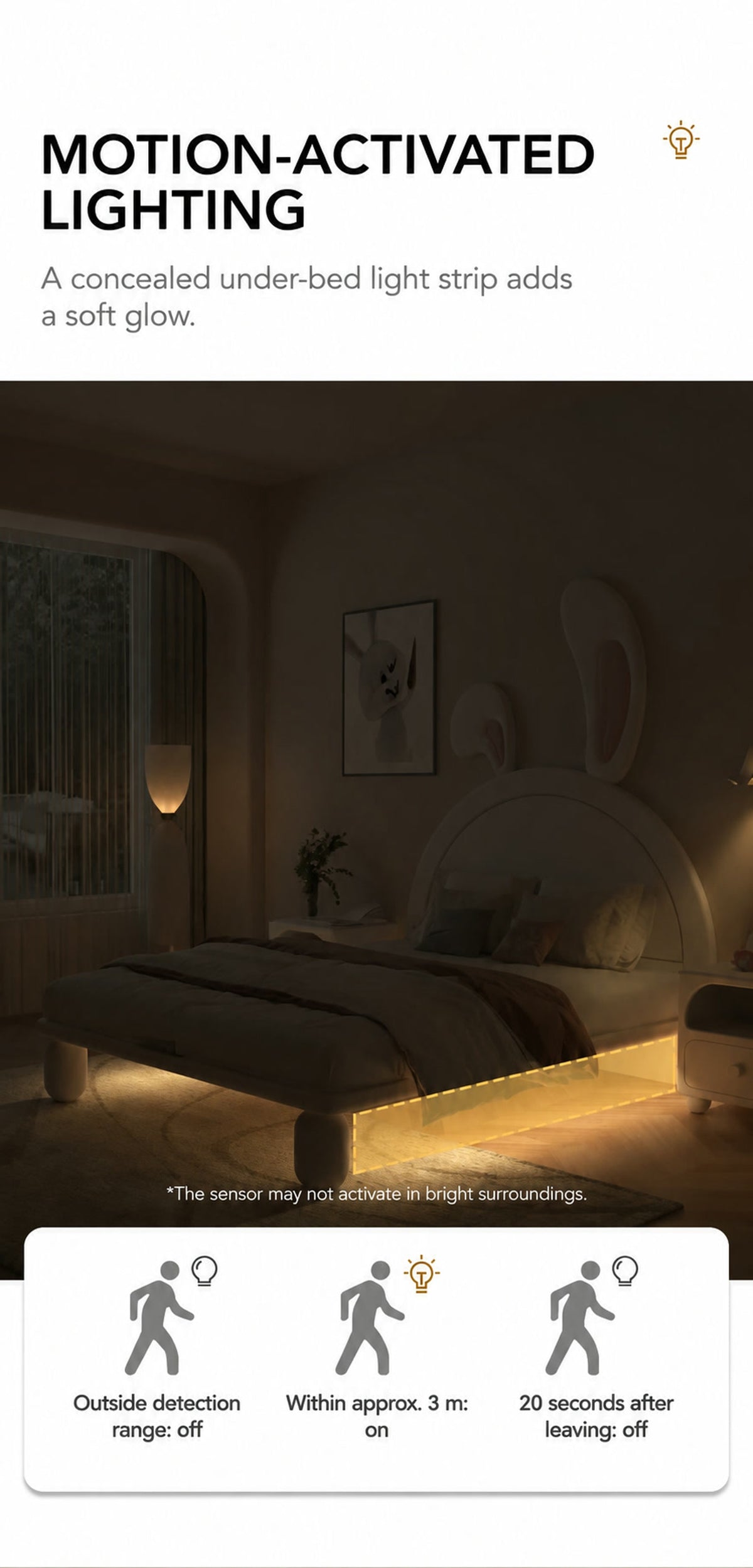  Under-bed light with approximately 3 m detection and 20-second switch-off sequence