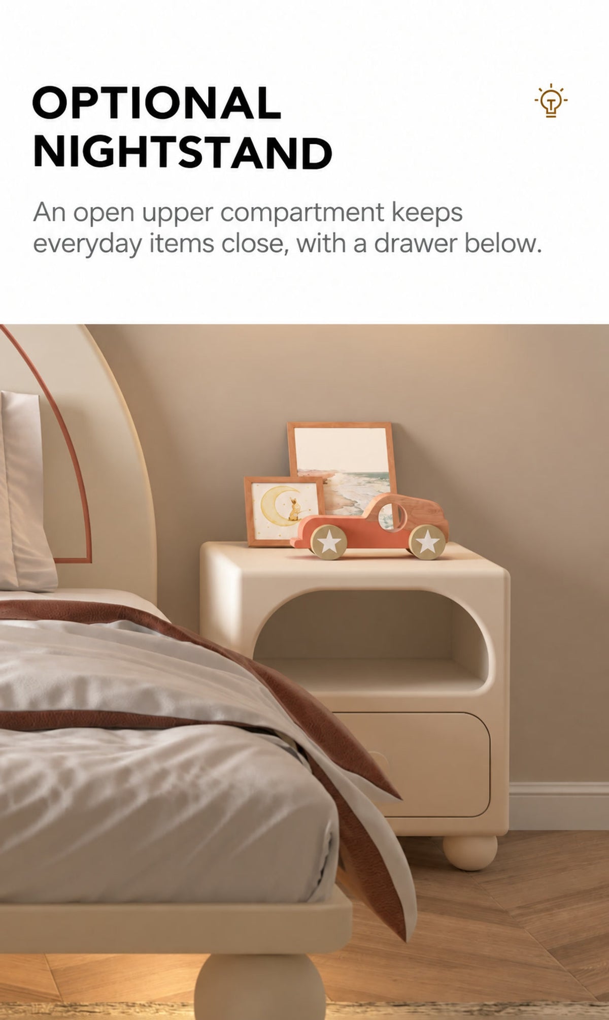  Optional cream nightstand with open upper shelf and lower drawer