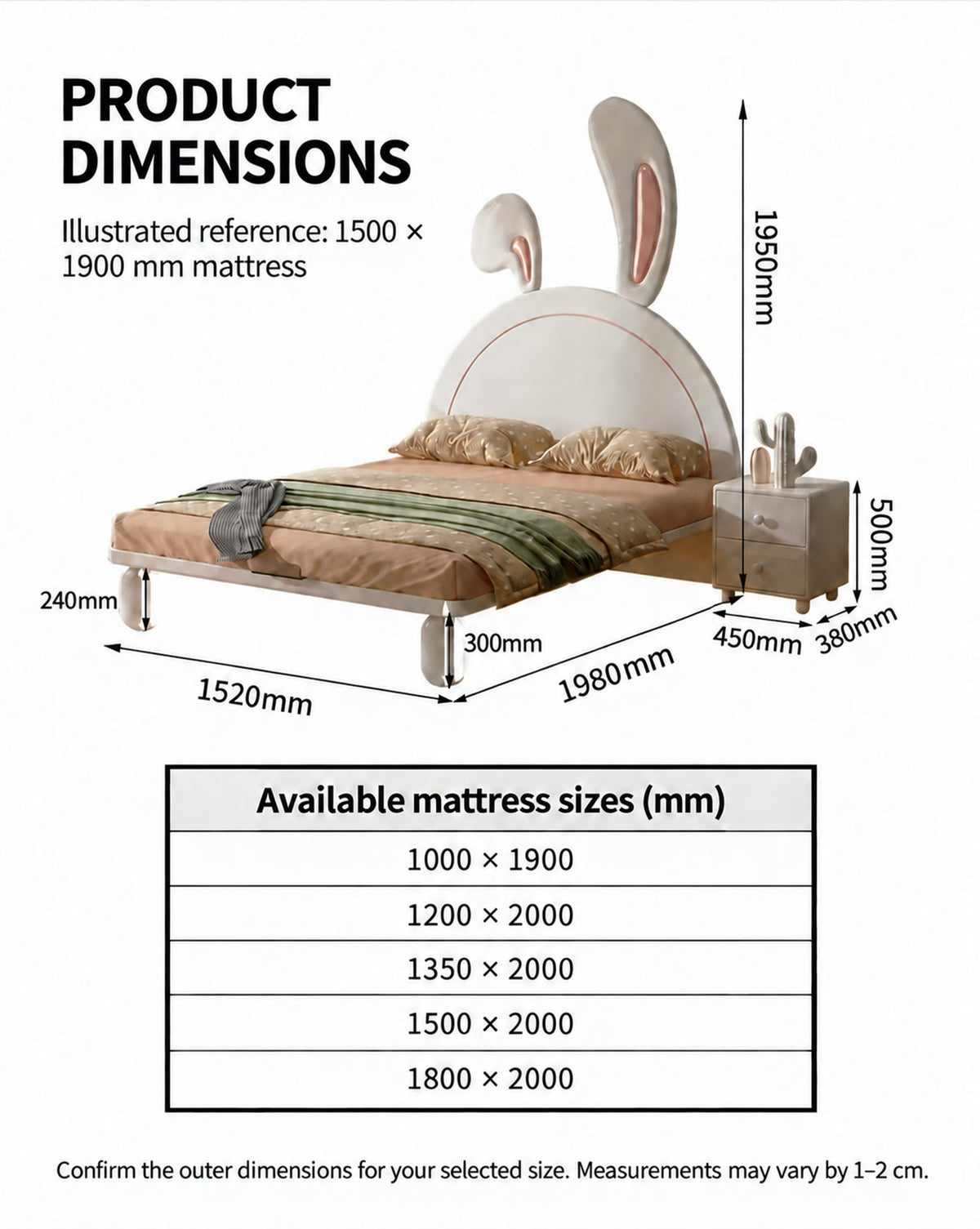 Bunny bed reference diagram and five available mattress sizes