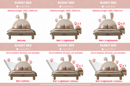  Six bunny bed configurations with optional nightstands and mattress