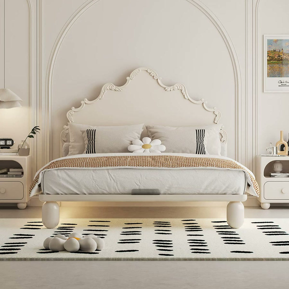 Cream French-style carved bed with rounded legs and illuminated space beneath the frame.