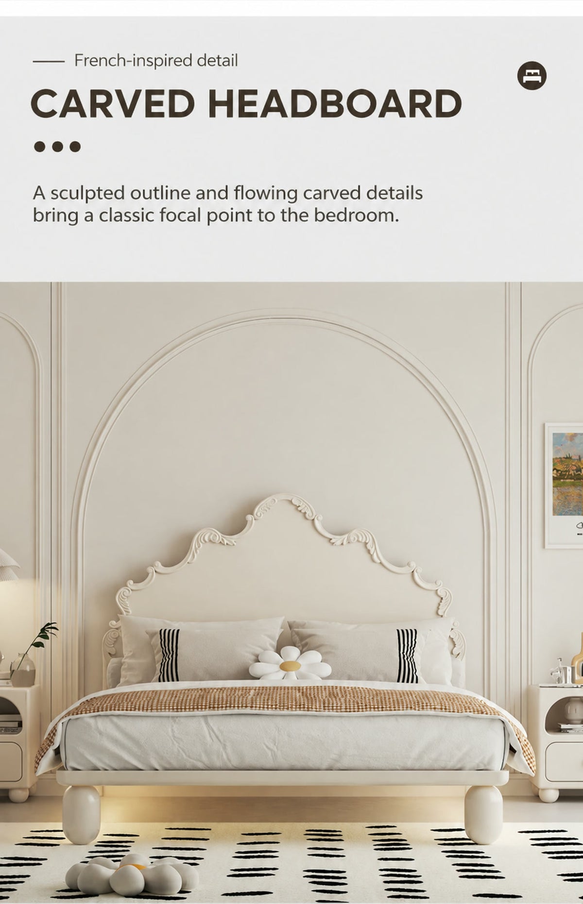  Sculpted cream headboard with flowing carved trim above a dressed bed.