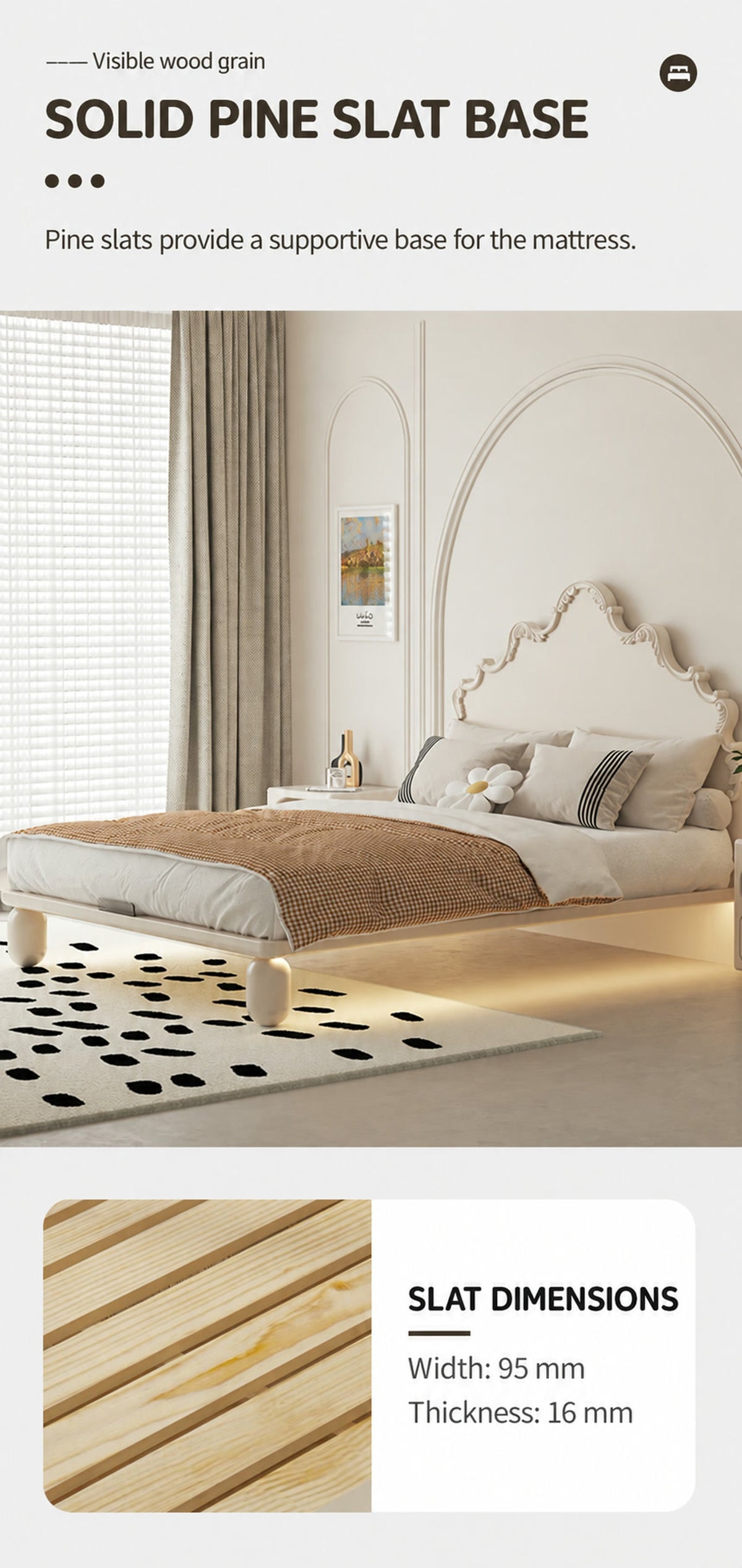  Pine mattress slats shown with a width of 95 mm and thickness of 16 mm.