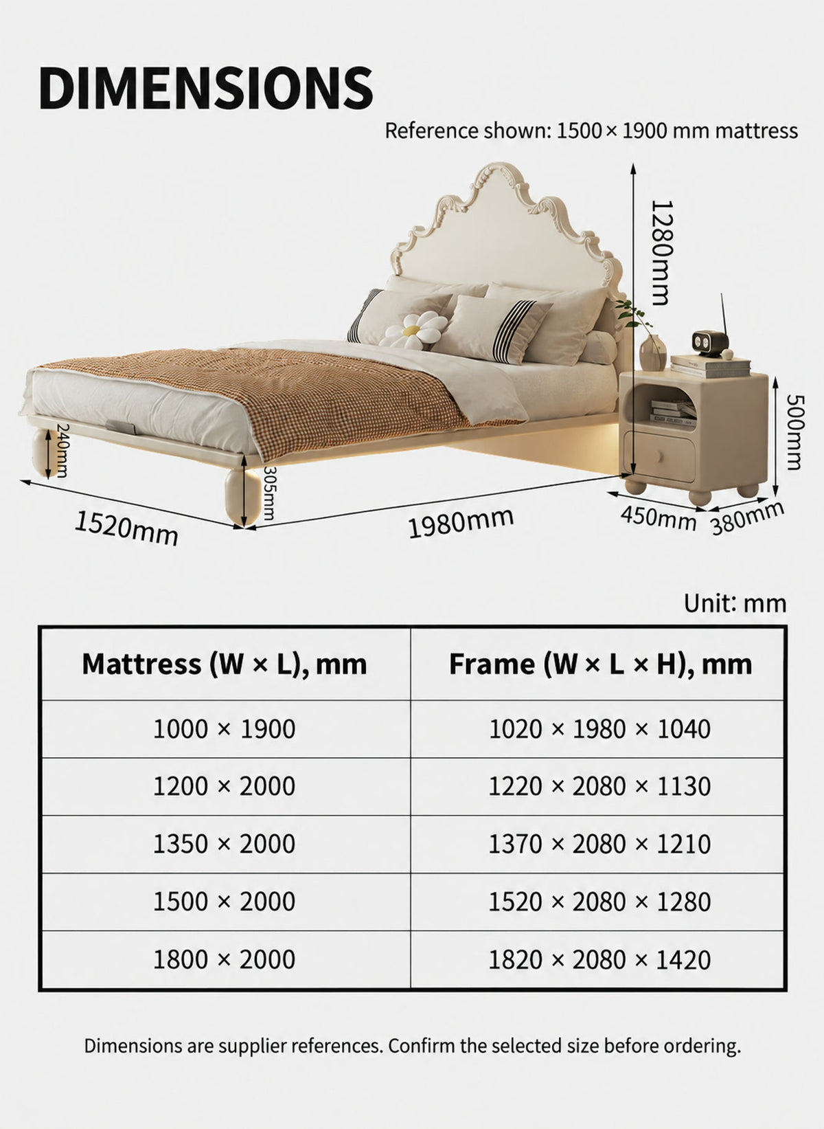  Five selectable mattress sizes and corresponding frame measurements, plus reference bed and bedside cabinet diagram.