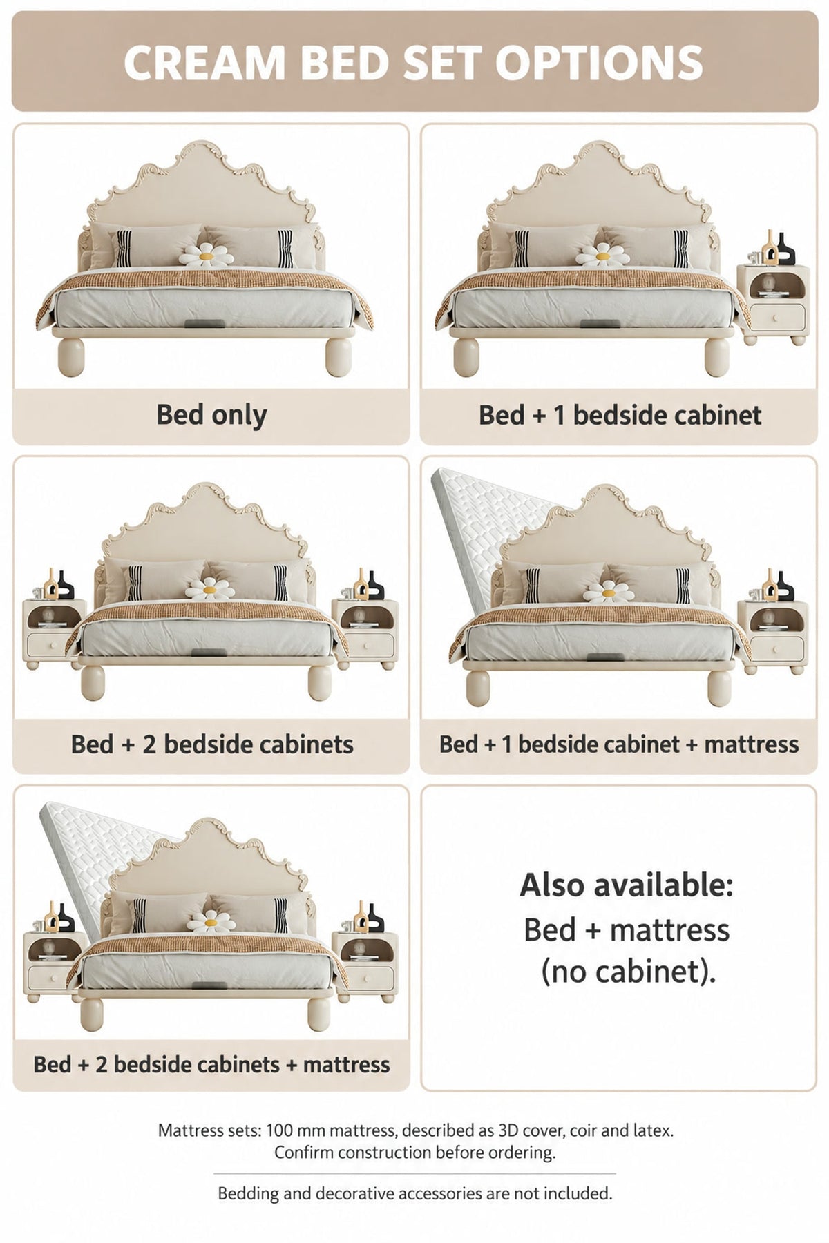  Cream bed set options with zero, one or two bedside cabinets and optional mattress.