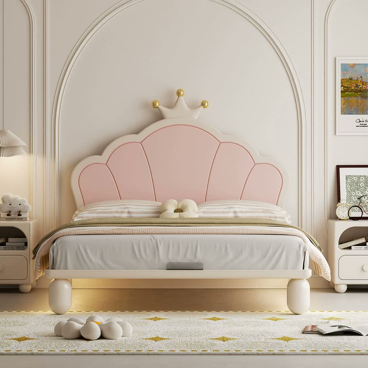 Front view of the upgraded cream and pink crown bed with rounded legs.