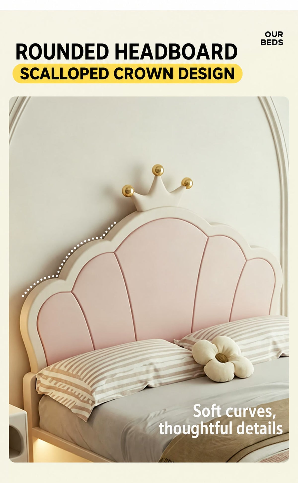  Pink scalloped headboard with cream crown and gold-tone tips.