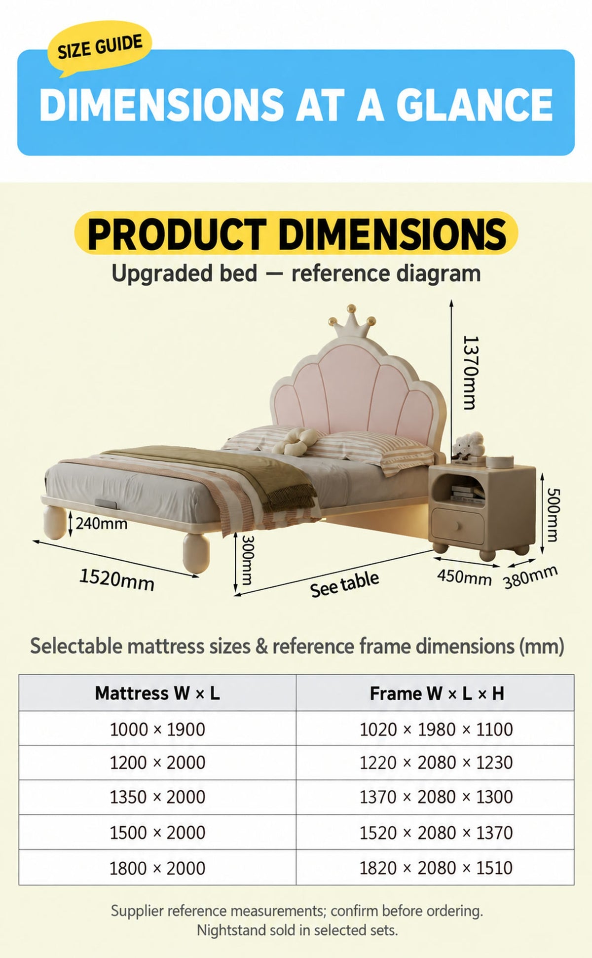  Five selectable mattress sizes and supplier reference frame measurements, with nightstand dimensions.