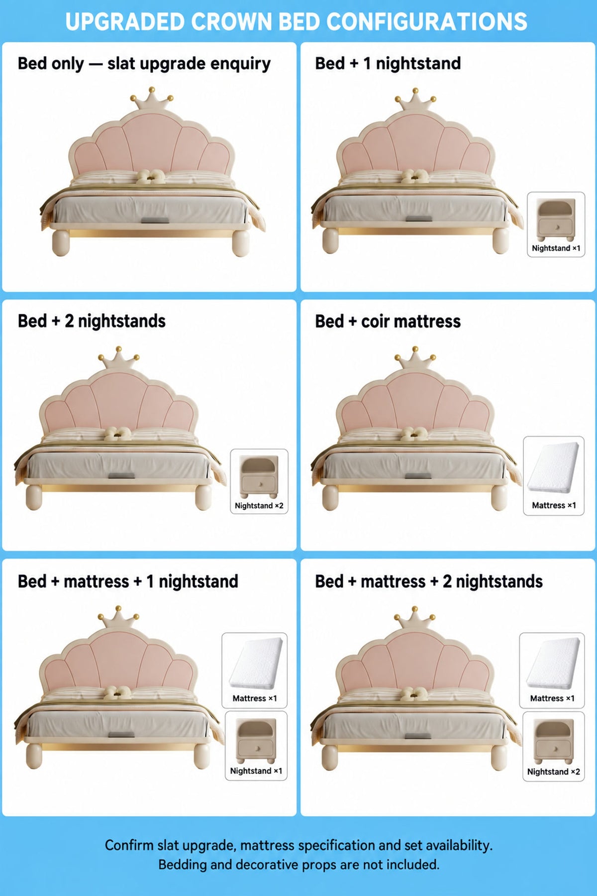  Six upgraded crown bed configurations with mattress and nightstand quantities.