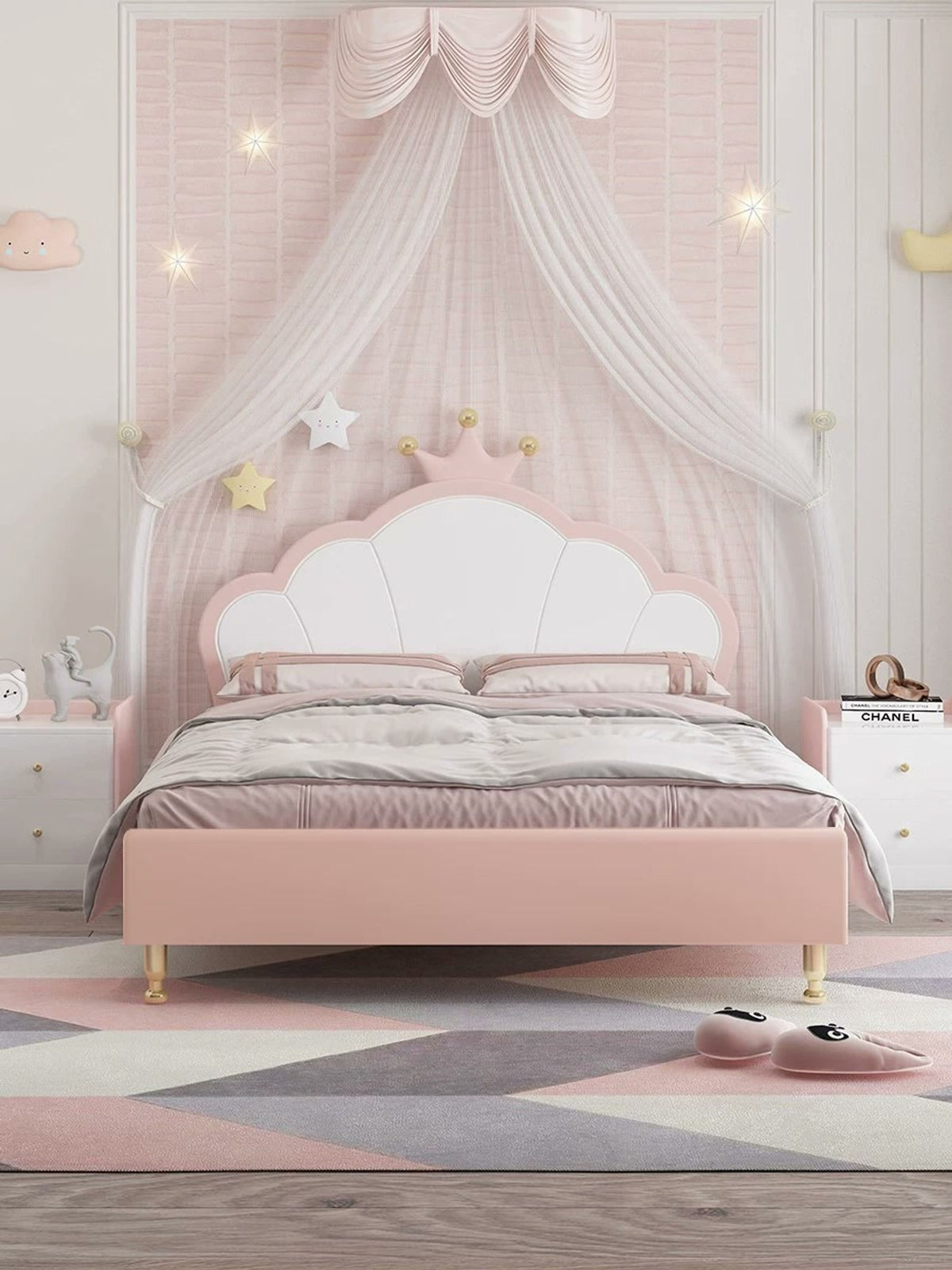  Minimal edition with pink footboard, white inset crown headboard and slender gold-tone legs; distinct from the upgraded model.