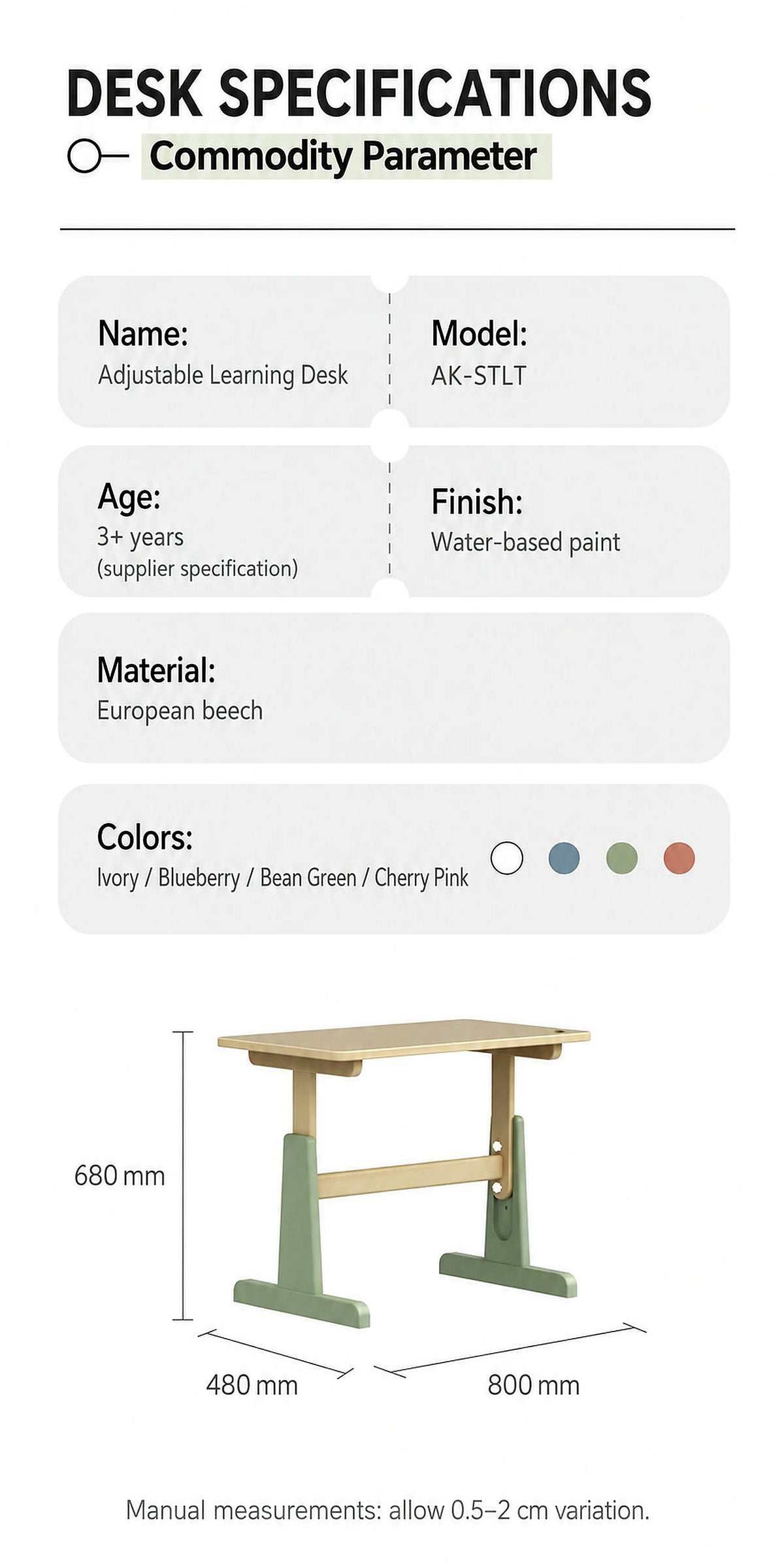  Desk materials and overall dimensions of 800 × 480 × 680 mm