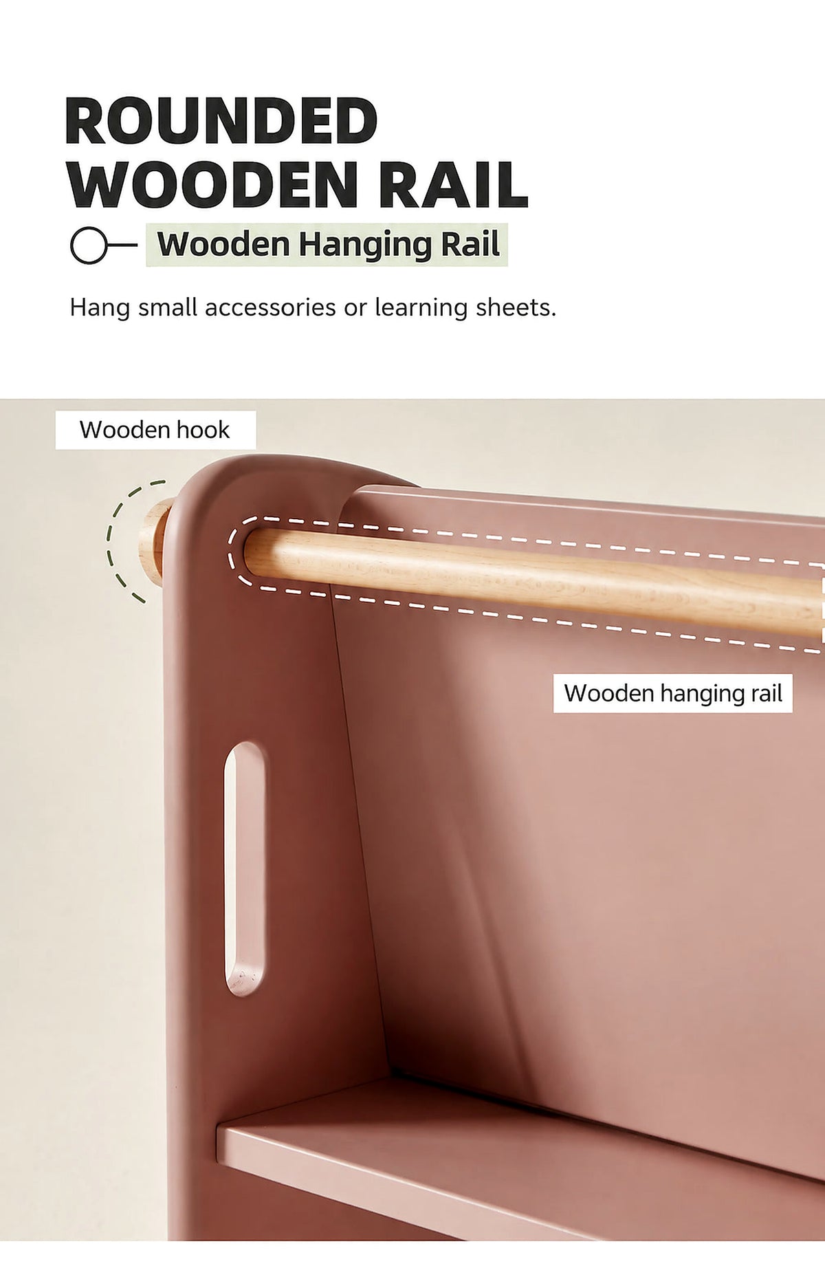  Wooden side hook and rear hanging rail close-up