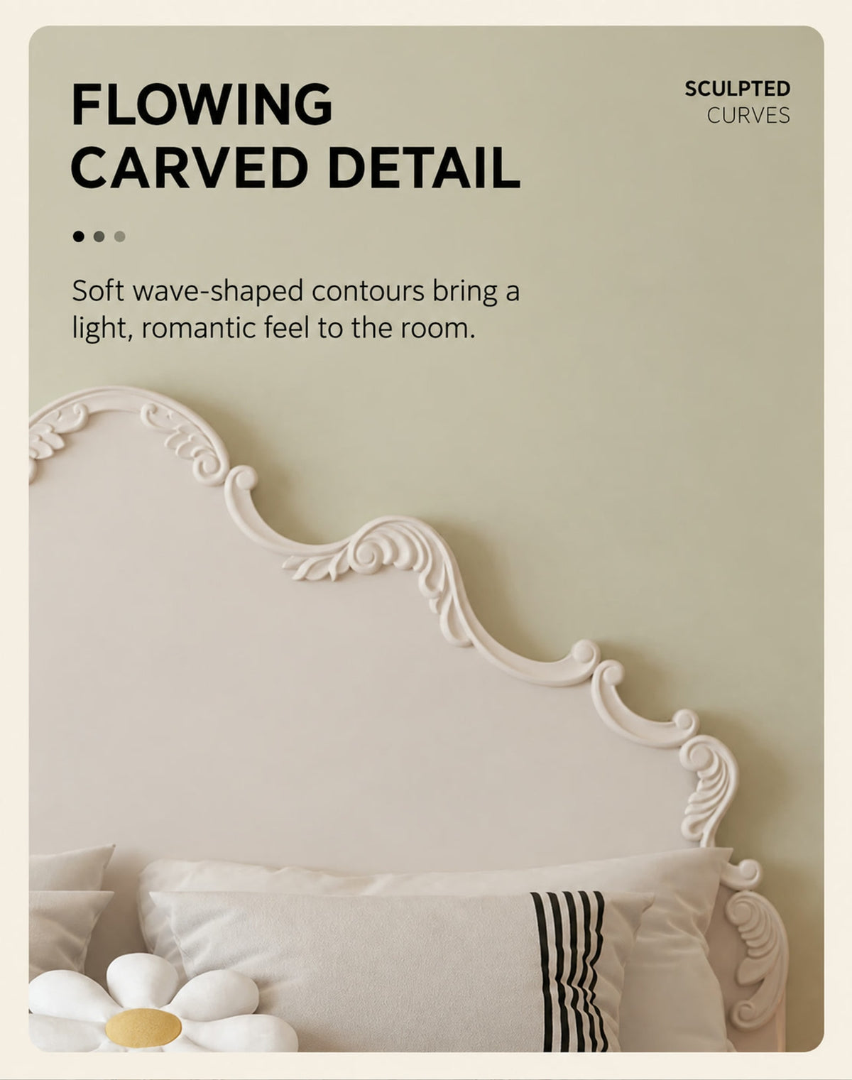  Close-up of flowing carved decoration around the cream headboard.