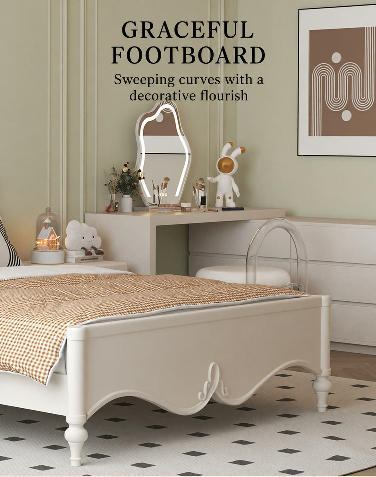  Raised cream footboard with sweeping lower curves and central decorative flourish.