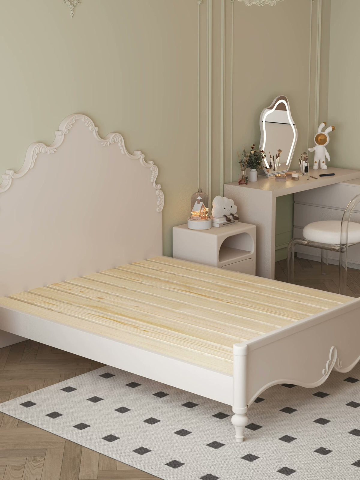  Bed shown without a mattress, exposing the wood slatted base.