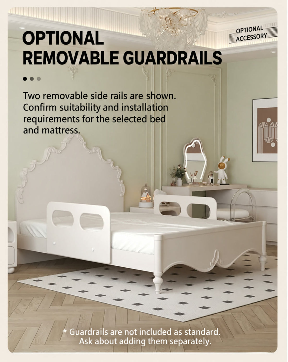  Two optional removable guardrails shown on the carved bed; sold separately.