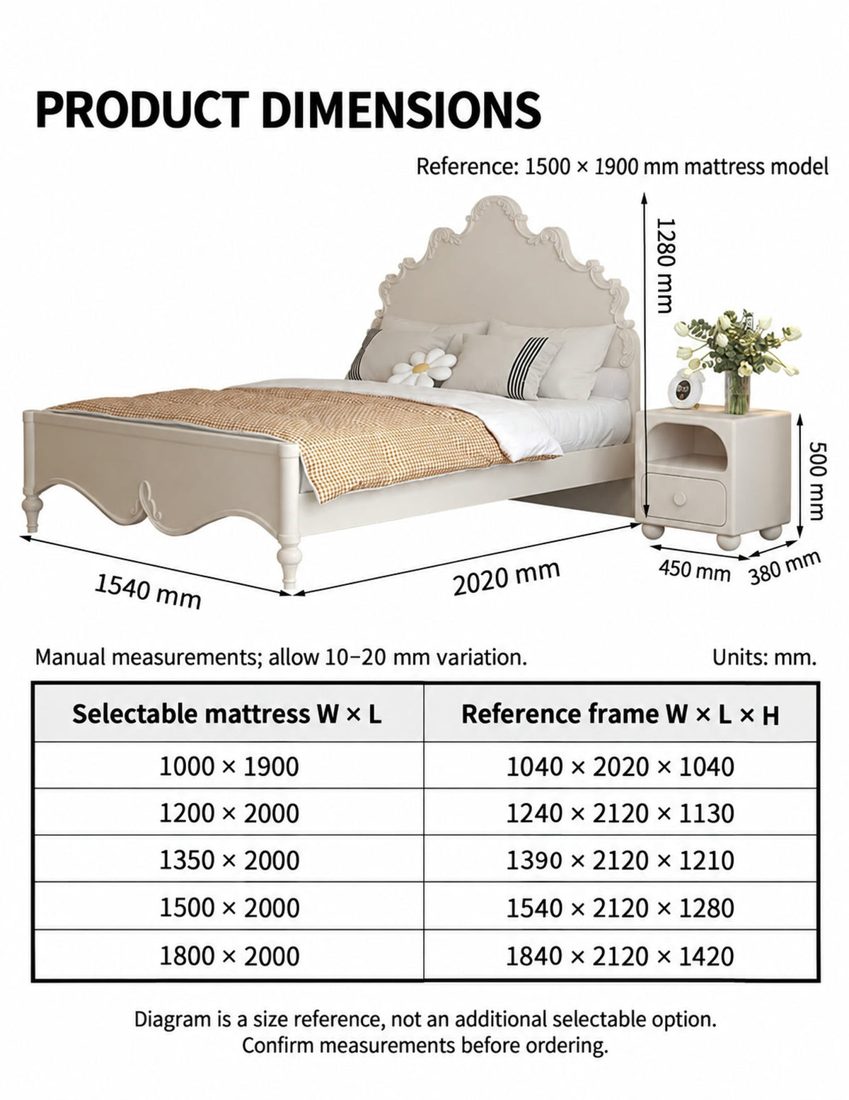  Five selectable mattress sizes with frame measurements and a reference nightstand diagram.