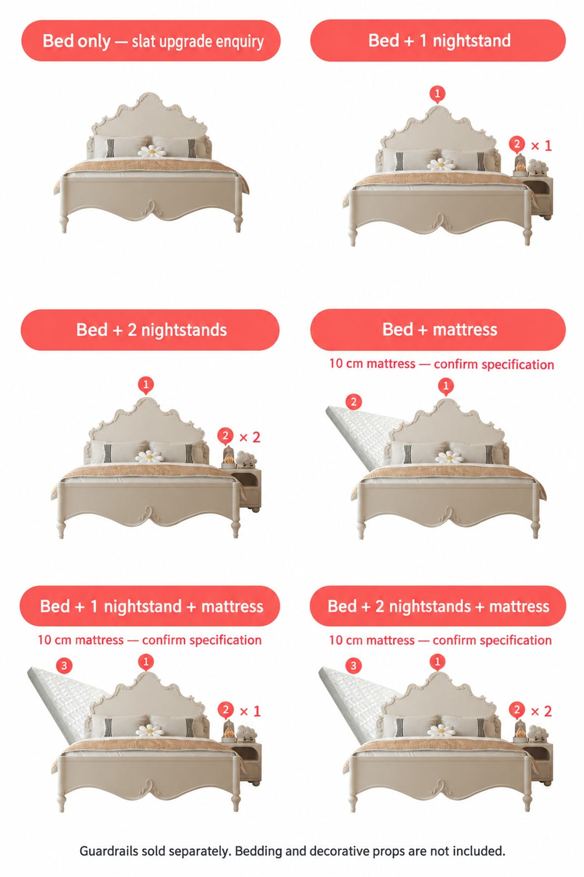 Six bed configurations indicating mattress inclusion and one or two nightstands.