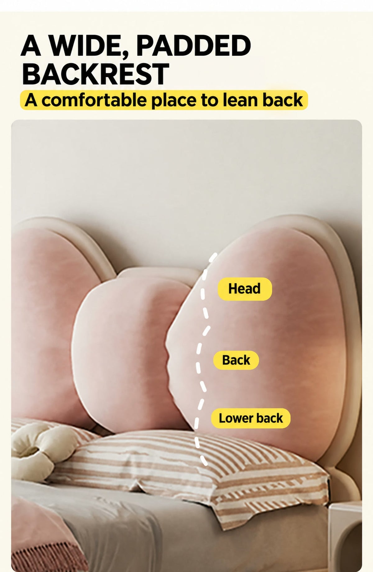  Three-part pale pink padded bow headboard shown close up.