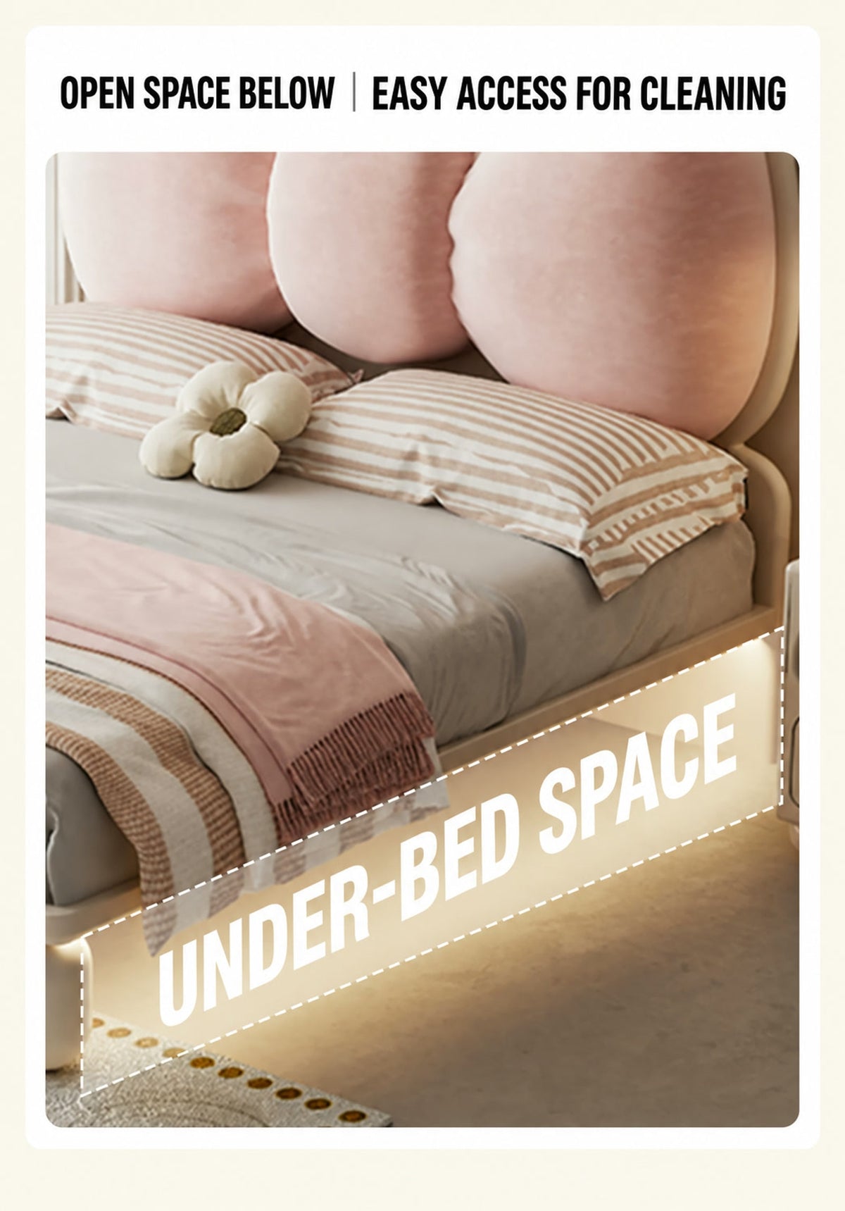  Open space beneath the bow bed, pictured with a warm glow.