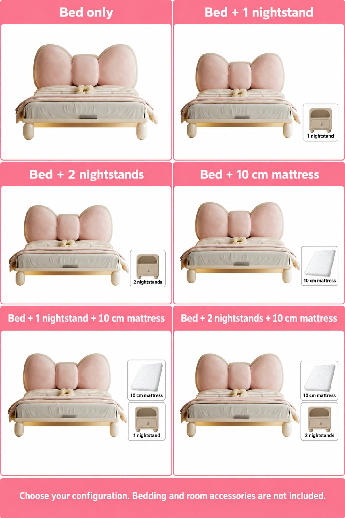  Six bow bed configurations with optional one or two nightstands and a 10 cm mattress.