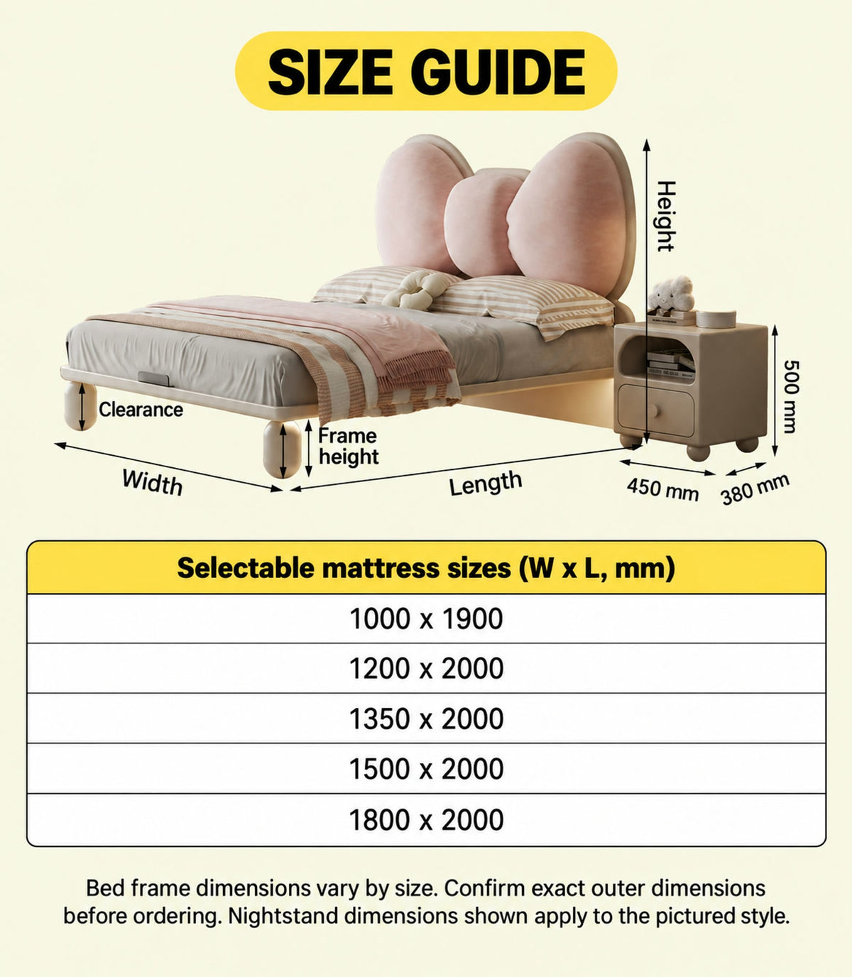  Five selectable mattress sizes and dimensions of the pictured nightstand.
