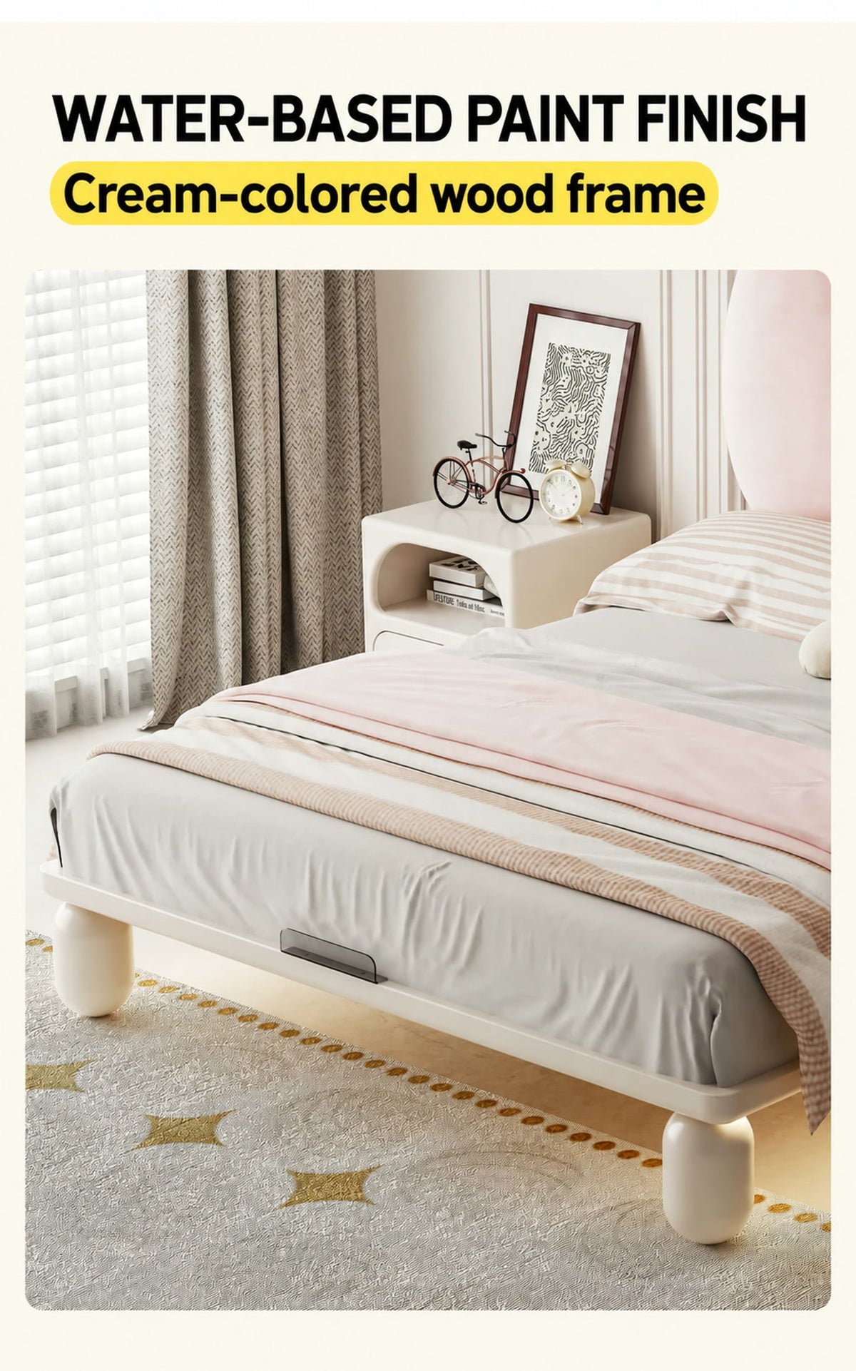  Cream painted bed frame and rounded foot detail.