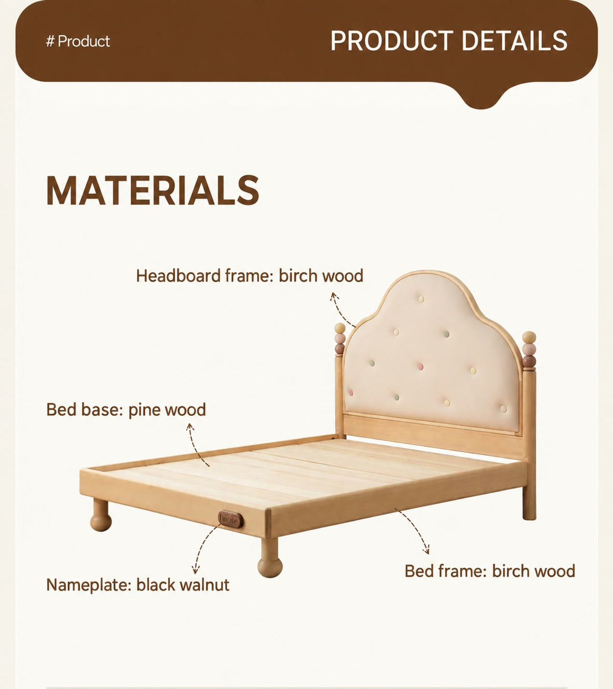  Birch frame, pine bed base and black walnut nameplate material guide