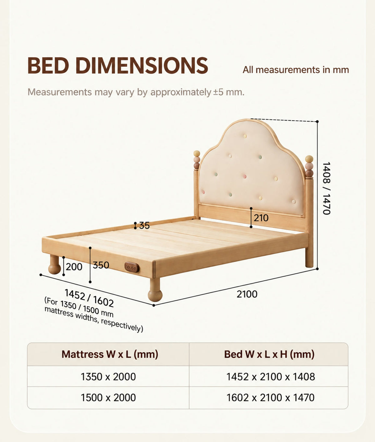  Overall bed dimensions for 1350 and 1500 mm mattress widths