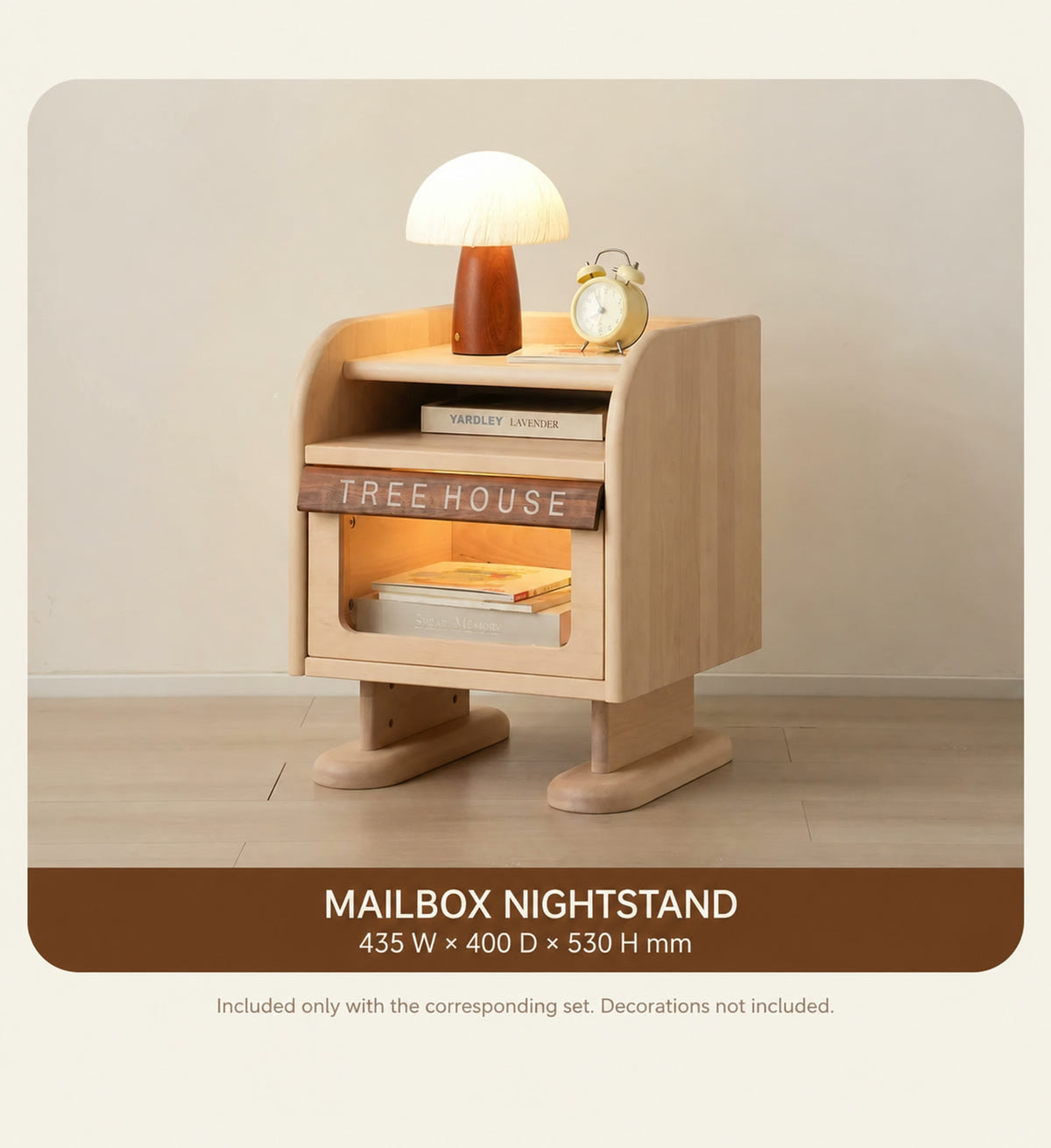  Optional mailbox nightstand measuring 435 by 400 by 530 mm
