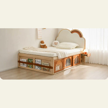  Natural birch storage bed with cloud-and-rainbow headboard, sliding doors and footboard book rack.
