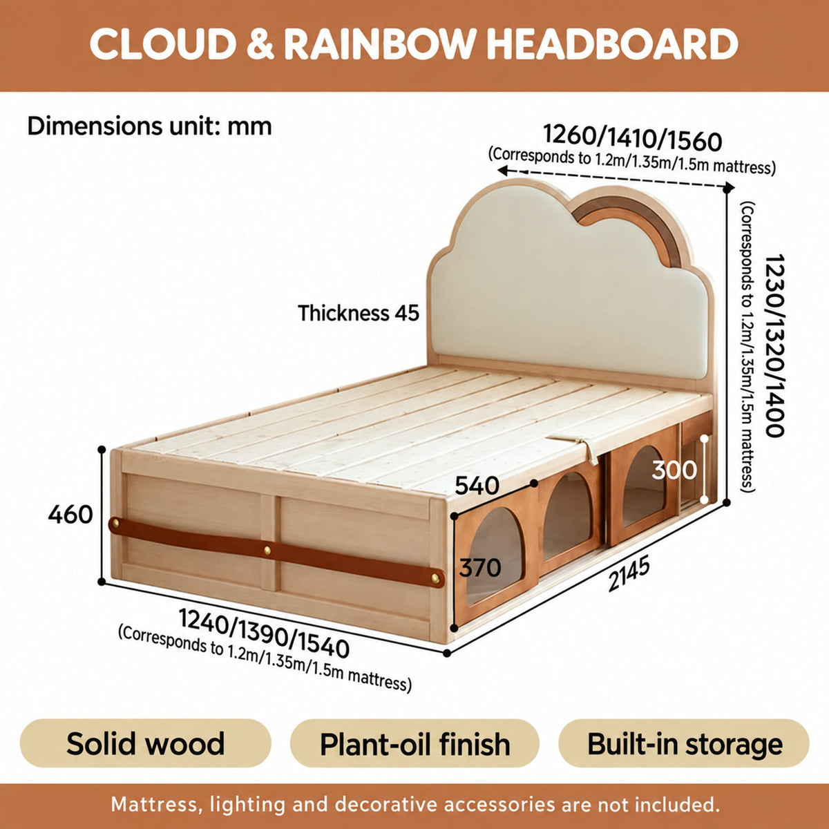 Cloud headboard and frame measurements for three mattress widths.