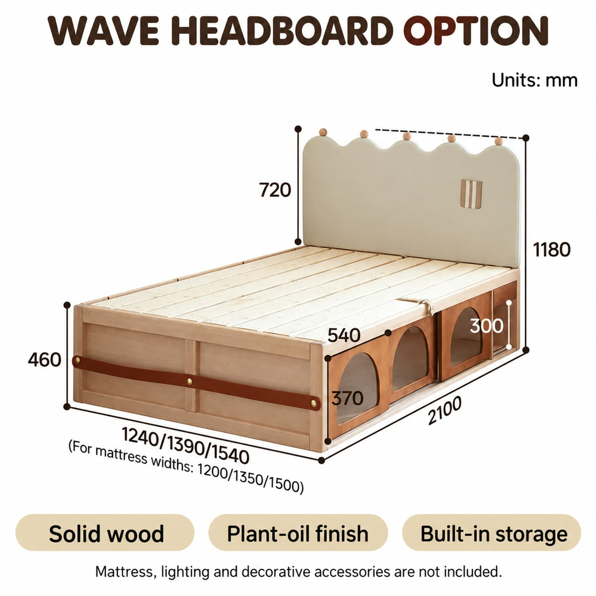  Wave headboard storage bed with millimetre dimensions.