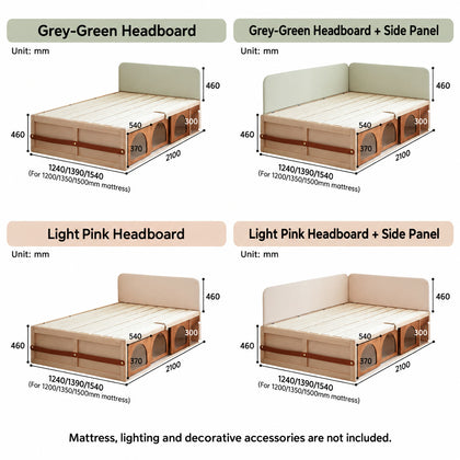  Four headboard and side-panel configurations in grey-green and light pink.