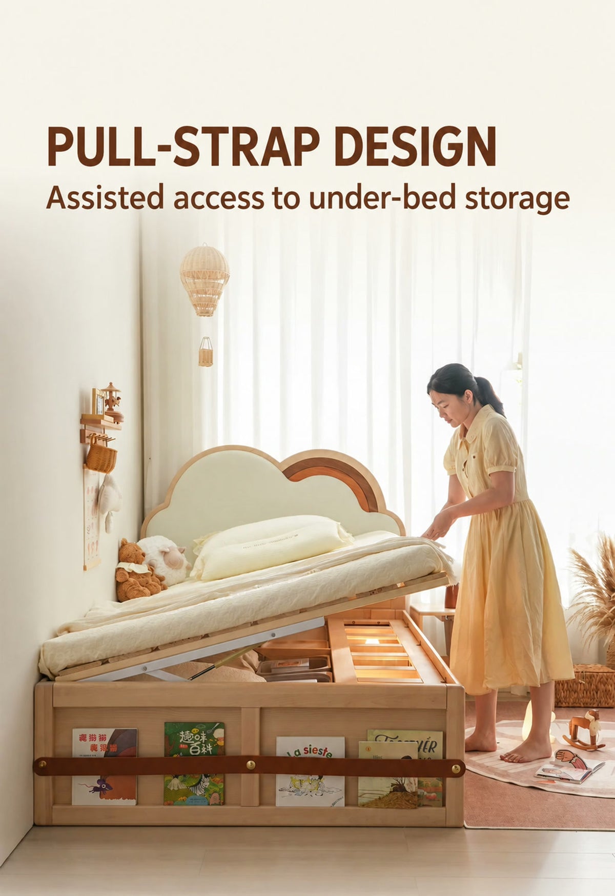  Pull strap and raised side-opening mattress base.