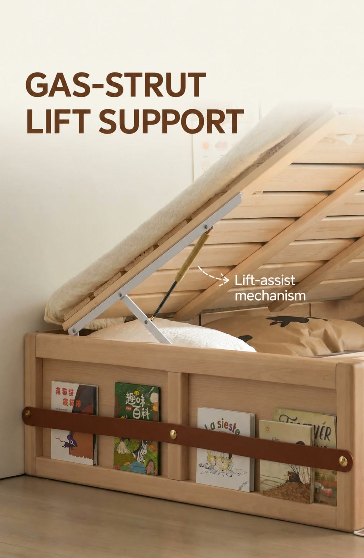  Gas strut and metal lift support beneath the wooden base.