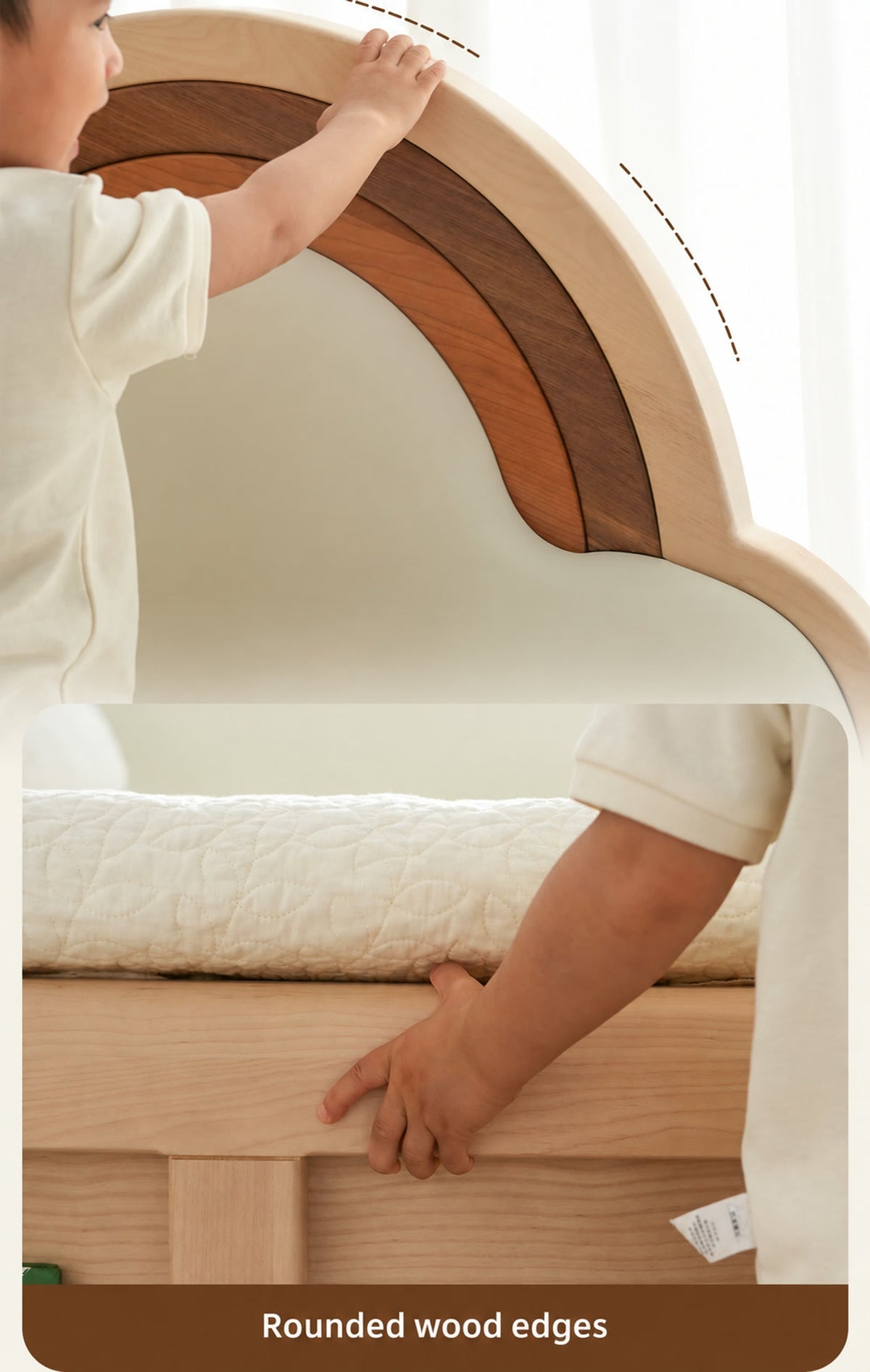 Close-ups of rounded cloud headboard and bed frame edges.