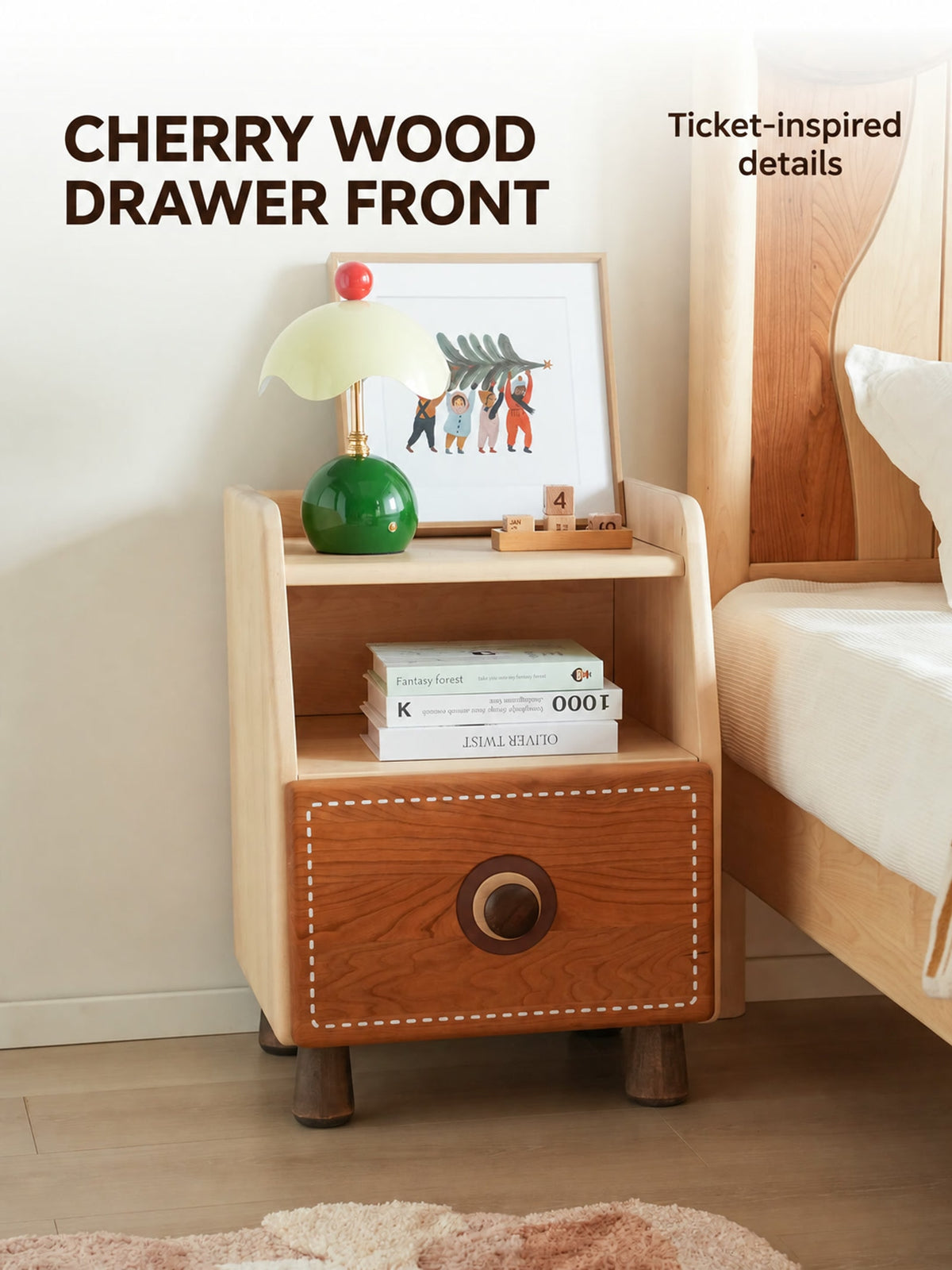  Cherry wood drawer front with a white dashed ticket-inspired border.