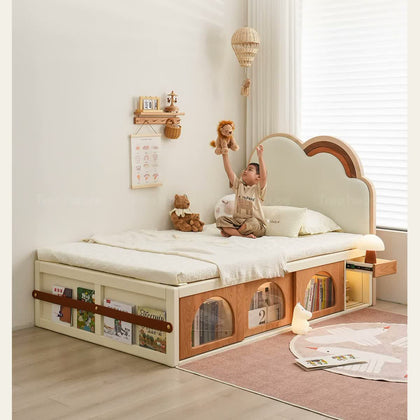  Warm-white storage bed with red-oak sliding doors and cloud rainbow headboard