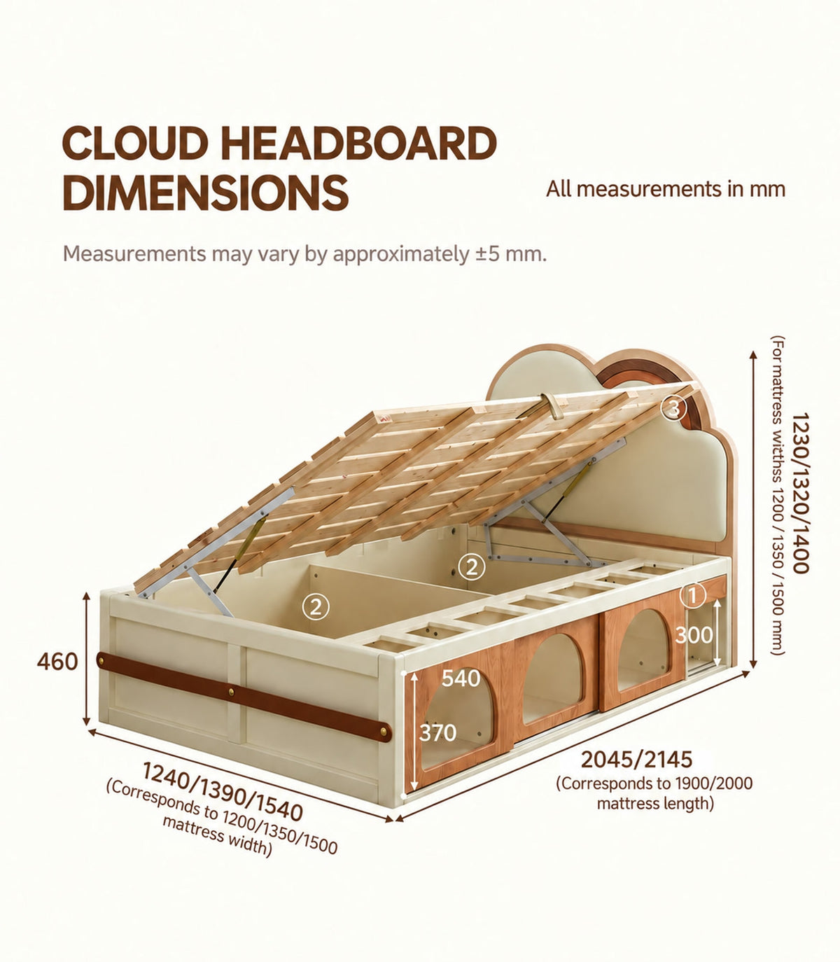  Cloud-headboard bed external dimensions and local storage measurements