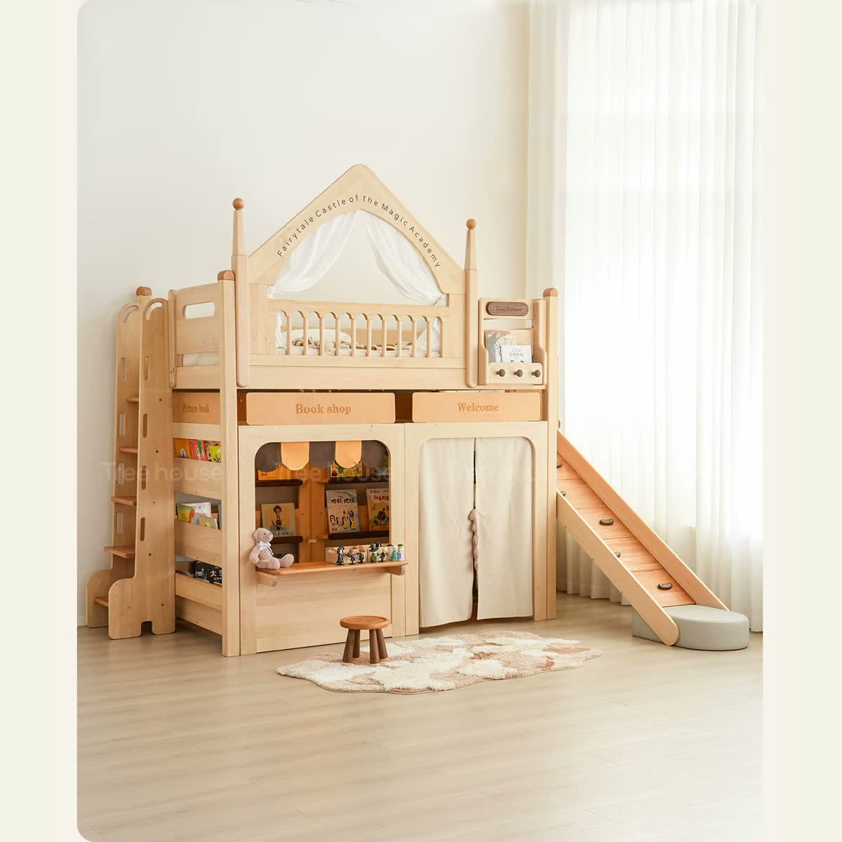 Castle loft bed shown with optional market module and slide